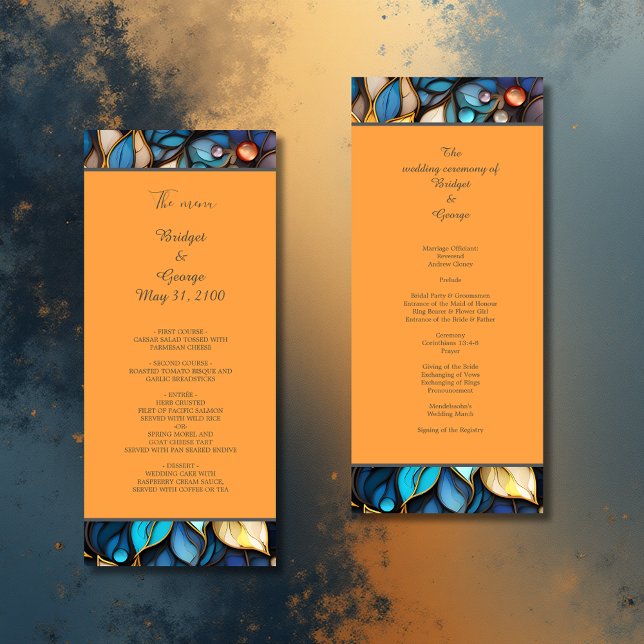 Programme Bleu & Or Floral Vitrail Mariage élégant (Créateur téléchargé)