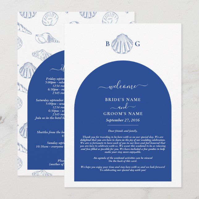 Programme Blue Clam Seashells Coastal Wedding Itinerary (Devant / Derrière)