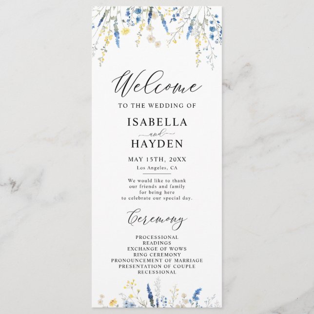 Programme Blue Dusty Dainty Wild Floral Mariage Flat Program (Devant)