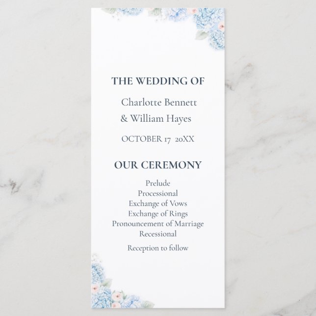 Programme Blue Hydrangea Watercolor Floral Wedding Program (Devant)
