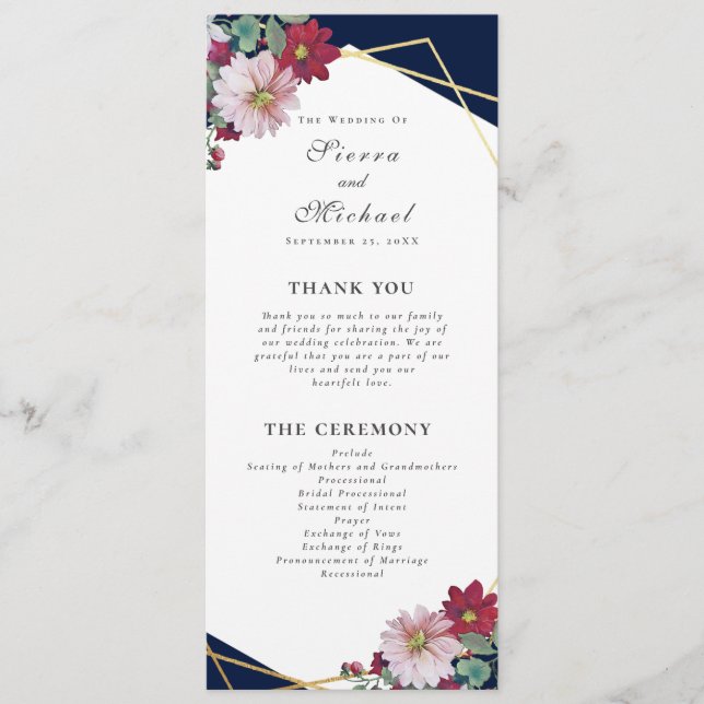 Programme Blush Burgundy Floral Gold Navy Mariage bleu (Devant)