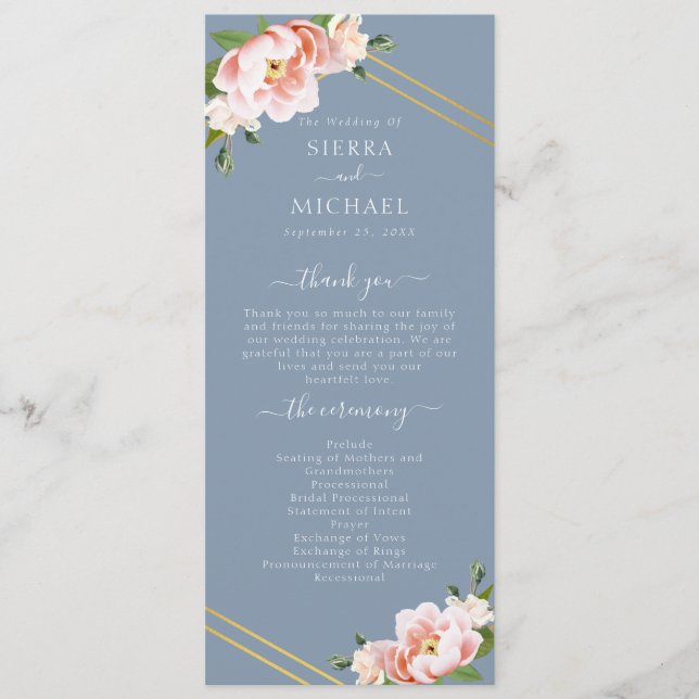 Programme Blush Floral Or géométrique Dusty Mariage bleu (Devant)
