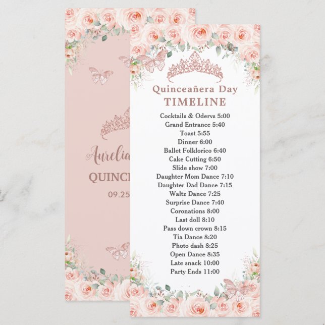 Programme Blush Floral Rose Gold Quinceanera Day Timeline (Devant / Derrière)