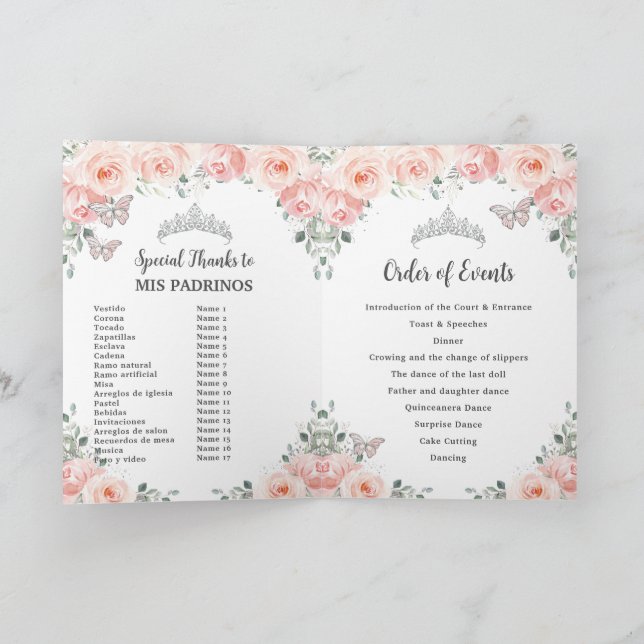 Programme Blush Floral Silver Quinceañera Ordre des événemen (Intérieur)