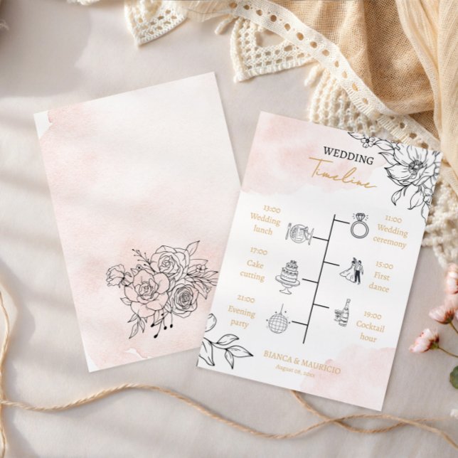 Programme Blush Watercolor & Black Floral Wedding Timeline (Blush Watercolor & Black Floral Wedding Timeline Program)