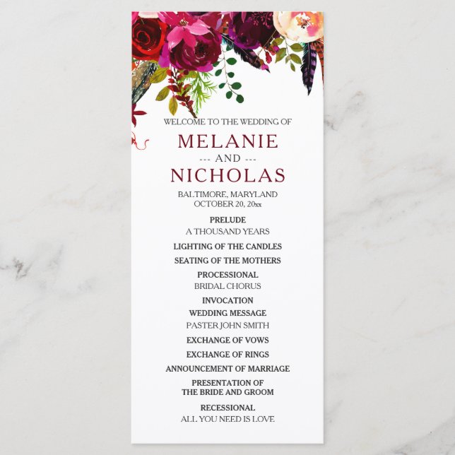 Programme Boho Burgundy Floral Wedding Program, 3979 (Devant)