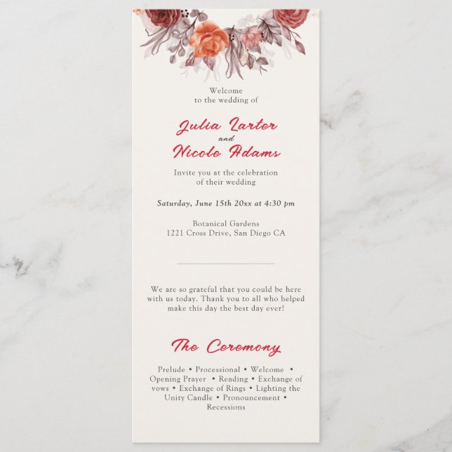 Programme Boho de Bourgogne Rose Floral Pampas Mariage (Devant)