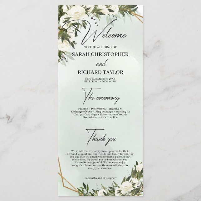 Programme Boho feuillage vert profond blanc roses cadre or (Devant)