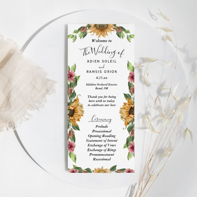 Programme Boho Sunflower Rustique Fleur sauvage Mariage plat (Créateur téléchargé)