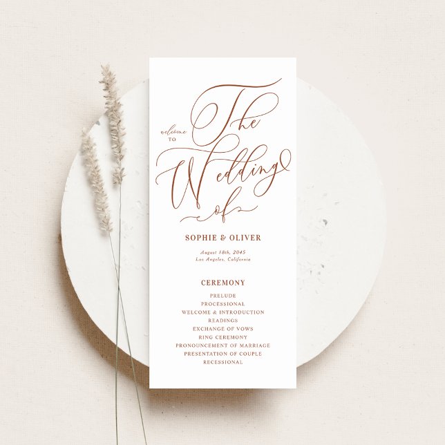 Programme Boho Terracotta Whimsical Calligraphie Mariage (Customizable wedding programs card featuring terracotta whimsical calligraphy. )