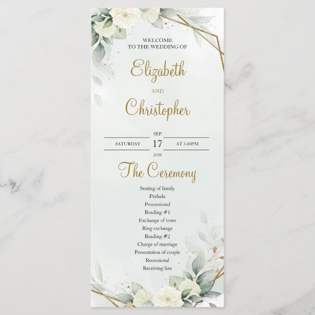Programme Boho White Roses Eucalyptus Vert Or (Devant)