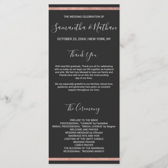 Programme Bordure rose Gold Outline Mariage noir simple (Devant)