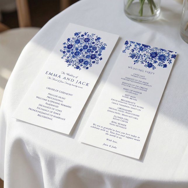 Programme Bouquet Bleu Aquarelle Ordre de Cérémonie de Maria (Watercolor Blue Bouquet Wedding Order of Ceremony Program)