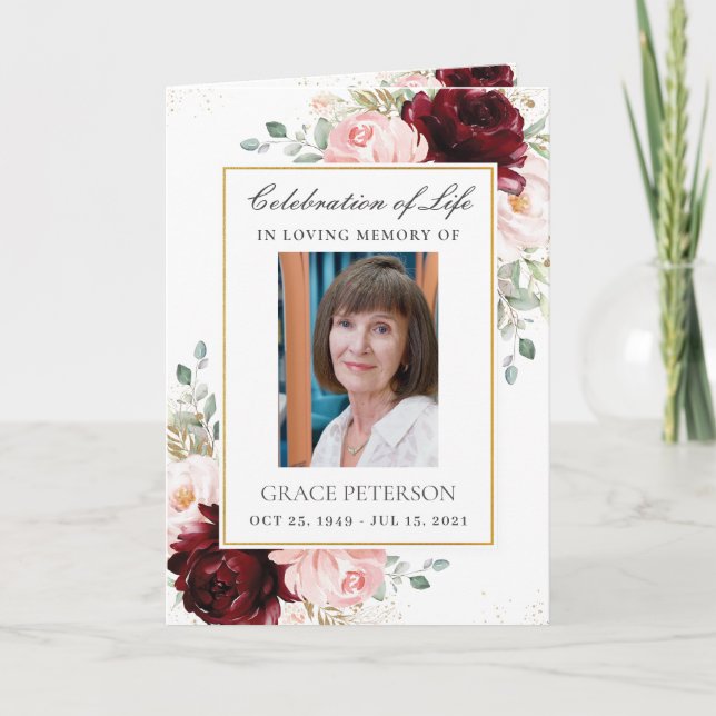 Programme Bourgogne Blush Floral Greenery Photo Funérailles (Devant)