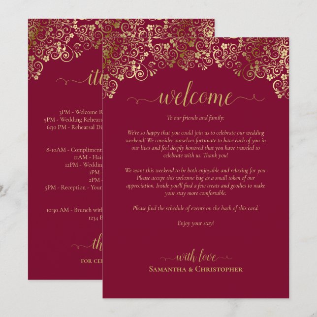 Programme Bourgogne et Or Fantaisie Mariage Bienvenue & Itin (Devant / Derrière)