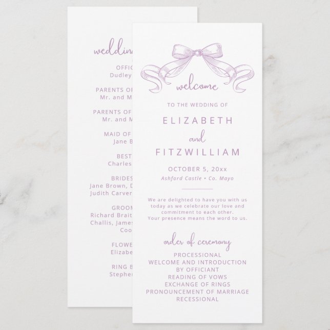 Programme Bow à croquis romantique | Mariage Lilac (Devant / Derrière)