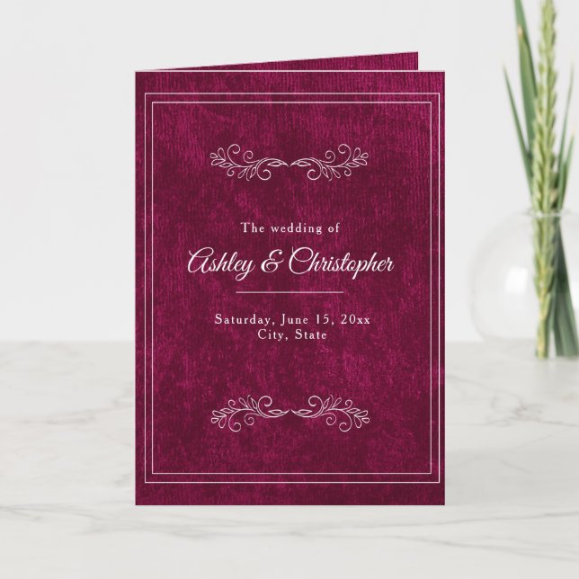 Programme Burgundy Berry Velvet White Folded Wedding Program (Devant)