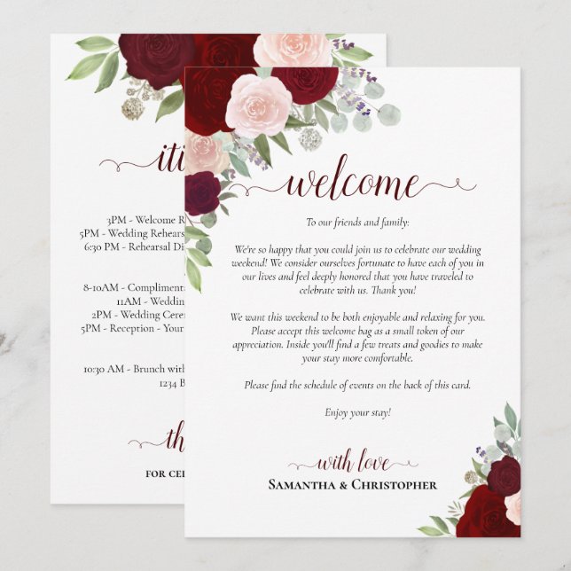 Programme Burgundy Blush Roses Wedding Welcome & Itinerary (Devant / Derrière)
