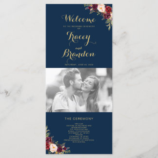 Programme Burgundy Floral Navy Blue Script Photo Mariage