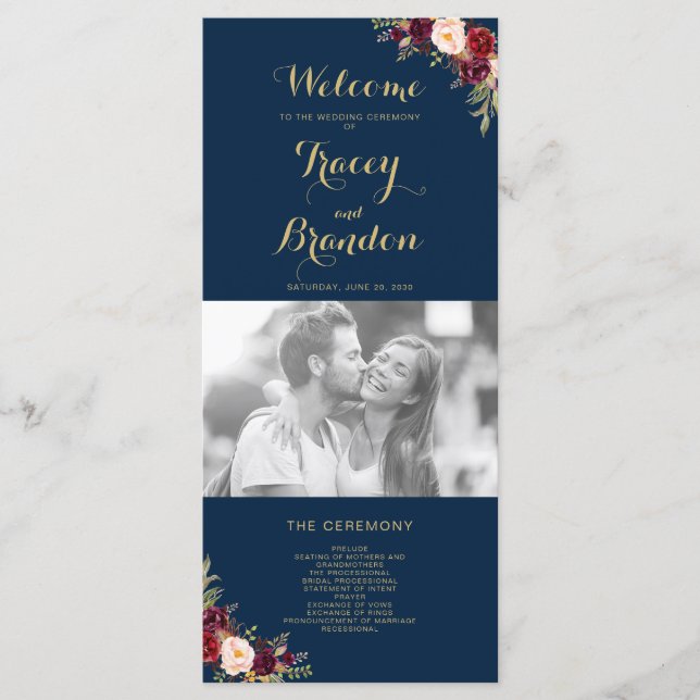 Programme Burgundy Floral Navy Blue Script Photo Mariage (Devant)