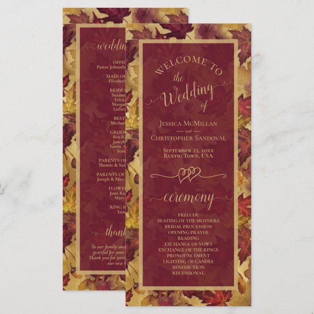 Programme Burgundy & Gold Autumn Leaves Elegant Wedding (Devant / Derrière)