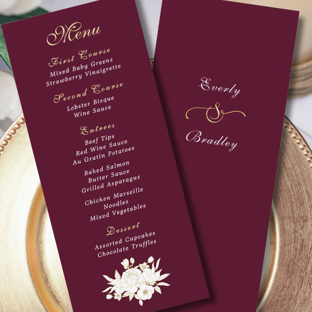 Programme Burgundy Gold White Script élégant floral (Créateur téléchargé)