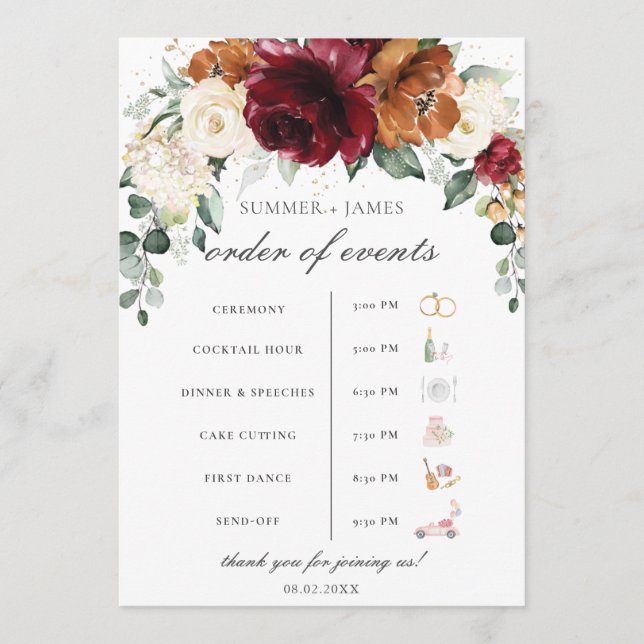 Programme Burgundy Ivory Rust Floral Wedding Order of Event  (Devant)