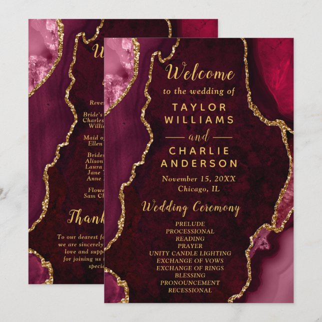 Programme Burgundy Red and Gold Agate Wedding Program (Devant / Derrière)