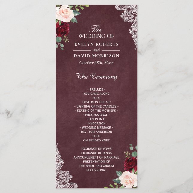 Programme Burgundy Rouge Blush Floral Mariage (Devant)