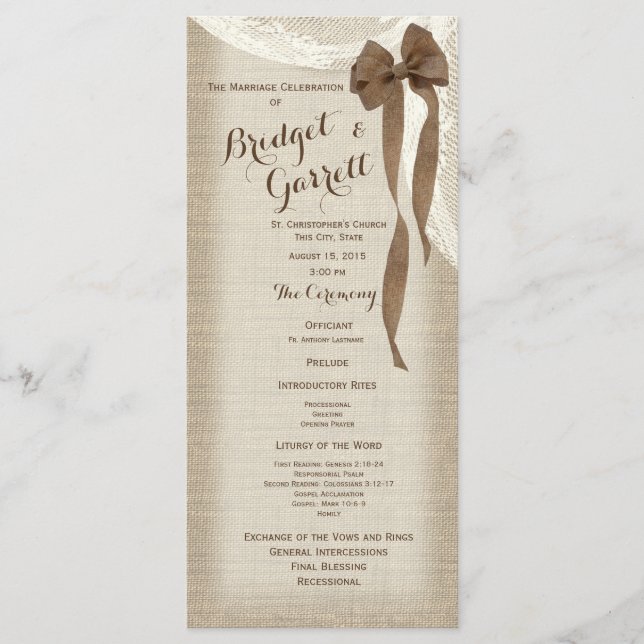 Programme Burlap Bow and Lace Wedding Program (Devant)