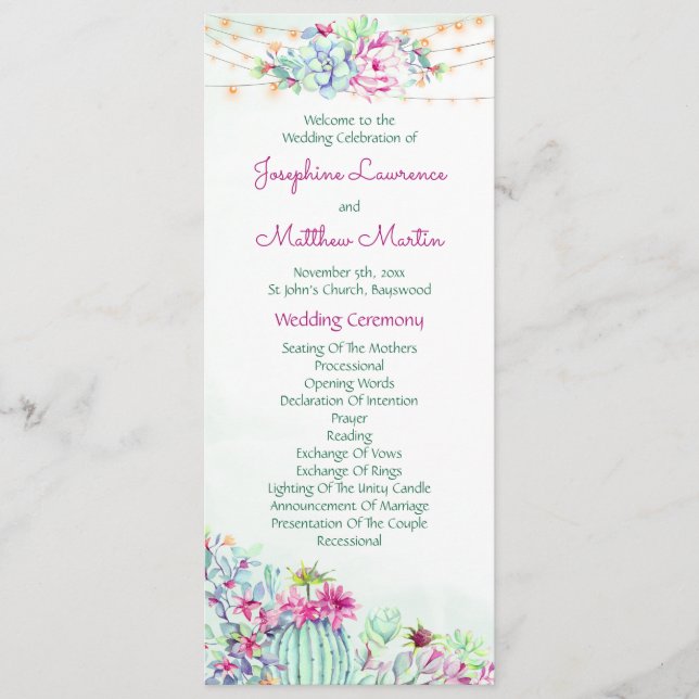 Programme Cactus Succulents Chaîne Lumières Mariage Programm (Devant)