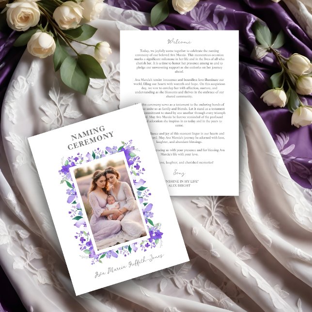 Programme Cadre floral romantique Couleurs violettes 2 Photo (Romantic Floral Frame in Purple Shades with 2 Photos Naming Ceremony Template Program Card.)