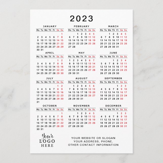 Programme Calendrier 2023 Pleine année Blanc Noir Rouge Mini (Devant)