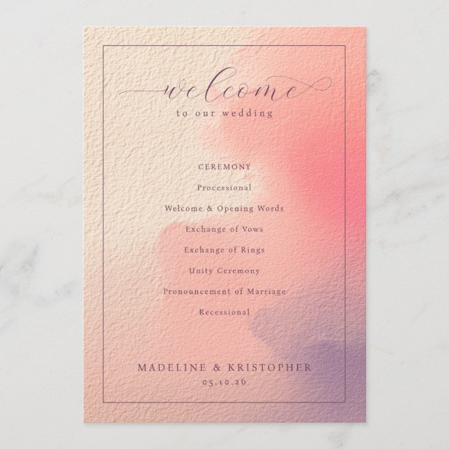 Programme Calendrier de cérémonie de mariage romantique pêch (Devant)