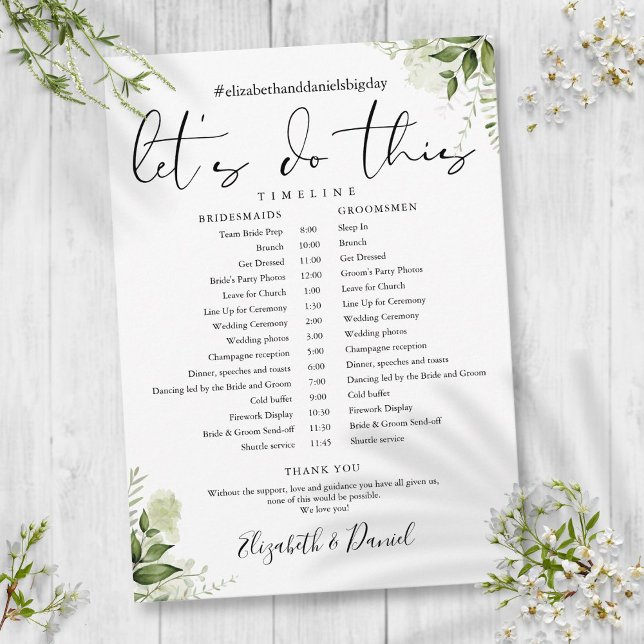 Programme Calendrier de mariage à la flore verte et feuillue (Greenery Floral Foliage Wedding Schedule Timeline Program)