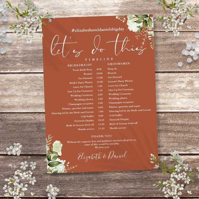 Programme Calendrier de mariage à la végétation de terre cui (Terracotta Greenery Wedding Schedule Timeline Program)