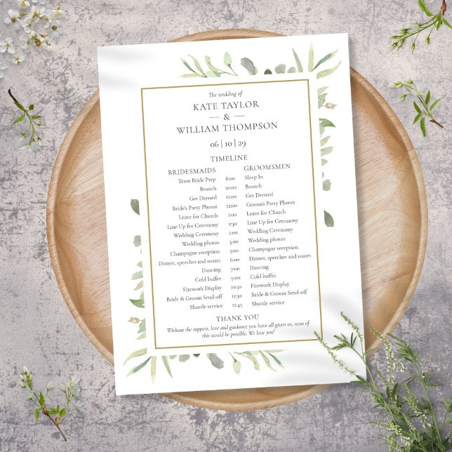 Programme Calendrier de mariage à la verdure aquarelle (Watercolor Greenery Wedding Schedule Timeline Program)