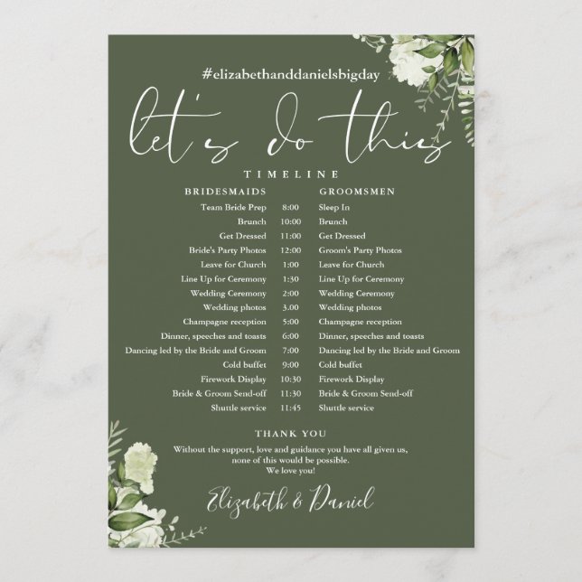 Programme Calendrier de mariage à la verdure vert olive (Devant)