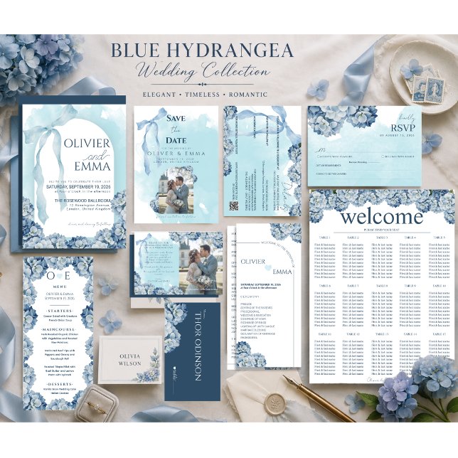 Programme Calendrier de mariage aux hortensias bleus élégant (Créateur téléchargé)