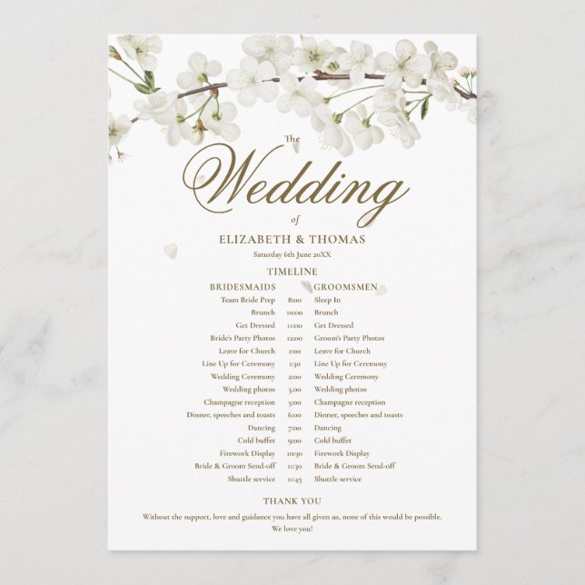 Programme Calendrier de mariage floral à fleurs blanches (Devant)