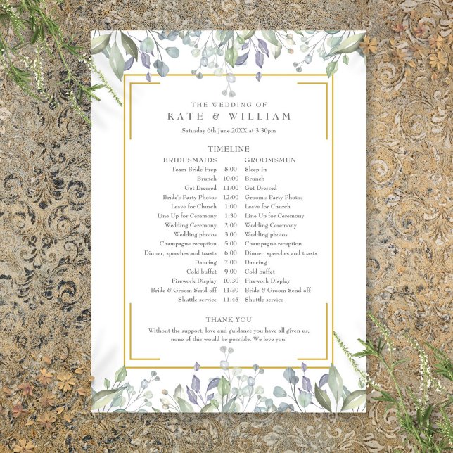 Programme Calendrier de mariage floral de verdure (Greenery Floral Wedding Schedule Timeline Program)
