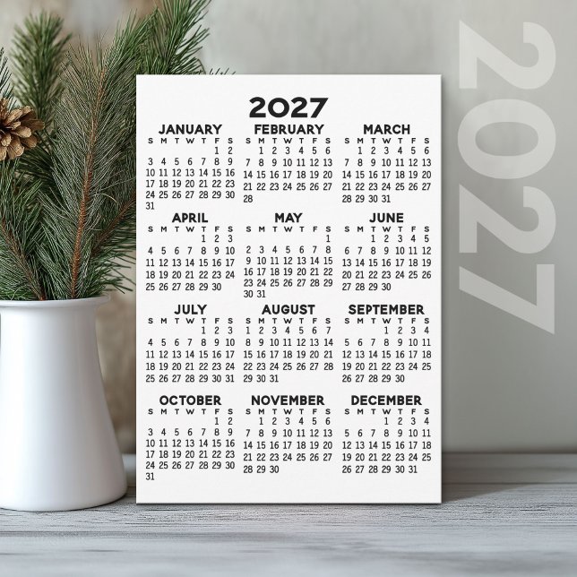 Programme Calendrier minimal 2027 - Vue annuelle Noir Blanc (2027 Calendar printed on Cardstock)