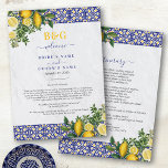 Programme Carrelage méditerranéen Itinéraire Mariage citron<br><div class="desc">Un monogramme moderne carrelage méditerranéen et citrons design mariage avec un arrière - plan de mur de lavage blanc de style méditerranéen. Un design mariage à thème de destination méditerranéenne qui utilise des illustrations aquarelles de carreaux et citrons bleus, blancs et jaunes pour créer un design mariage d'été élégant. Une...</div>