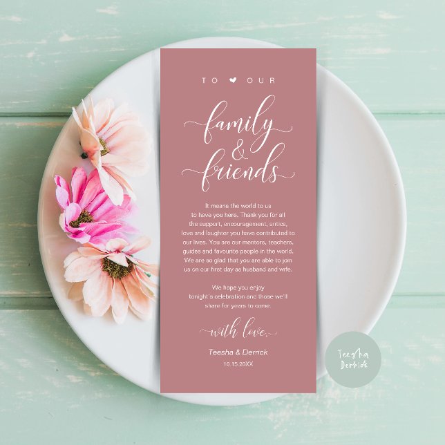 Programme Carton de remerciement pour la disposition de la p (Dusty Rose Pink Wedding Place Setting Thank You Card, Dinner Lunch Brunch Party Celebration)
