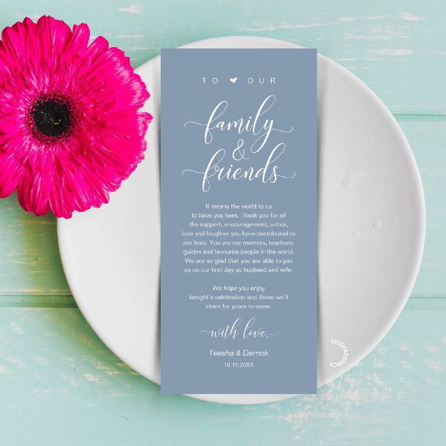 Programme Carton de remerciement pour un cadre de table de m (Dusty Blue Wedding Place Setting Thank You Card, Dinner Lunch Brunch Party Celebration)