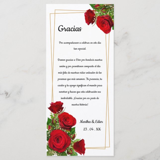 Programme Carton de Table Merci Classique Roses Rouges Or Es (Devant)