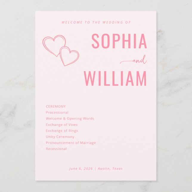Programme Cartons d'invitation de mariage à cœur rose romant (Devant)