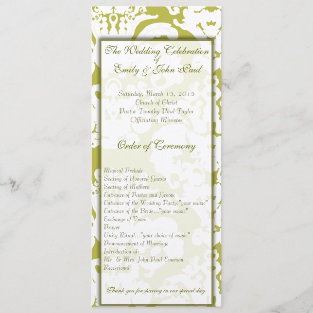 Programme Cartons d'invitation de mariage en damas vert (Devant)