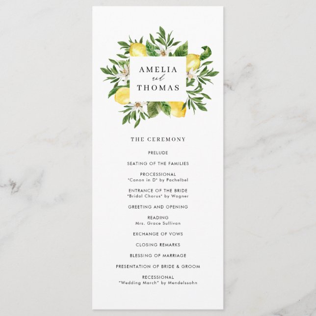 Programme Cérémonie de mariage à l'aquarelle avec verdure et (Devant)