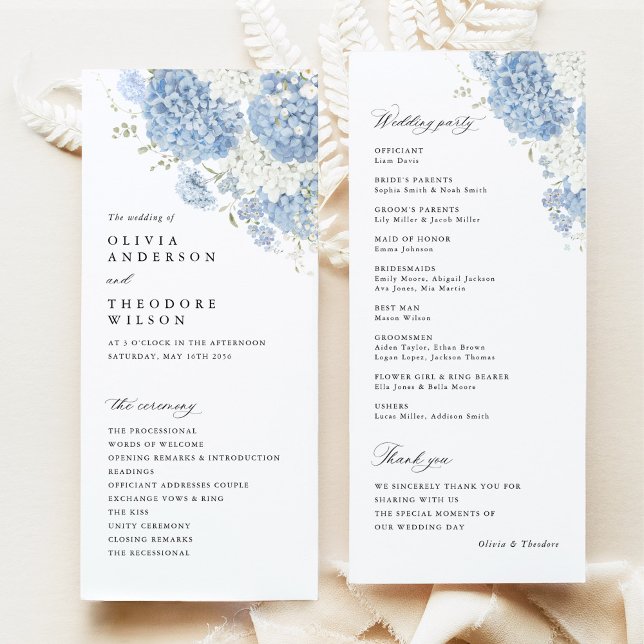 Programme Cérémonie de mariage à l'aquarelle bleu poussiéreu (Dusty blue white hydrangea watercolor wedding ceremony program, front & back, elegant stationery)